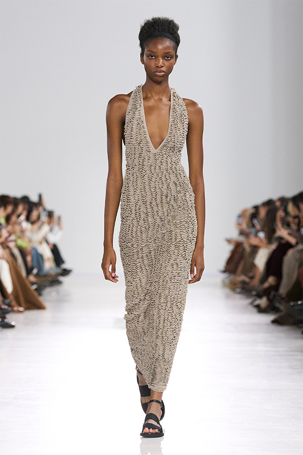 Max Mara Spring/Summer 2026 Fashion Show - Look with long Dress and deep neckline.